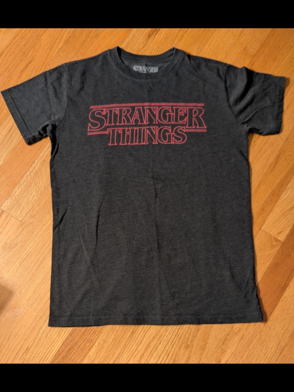 Women's Stranger Things Graphic Tee - Dark Gray with Red Logo